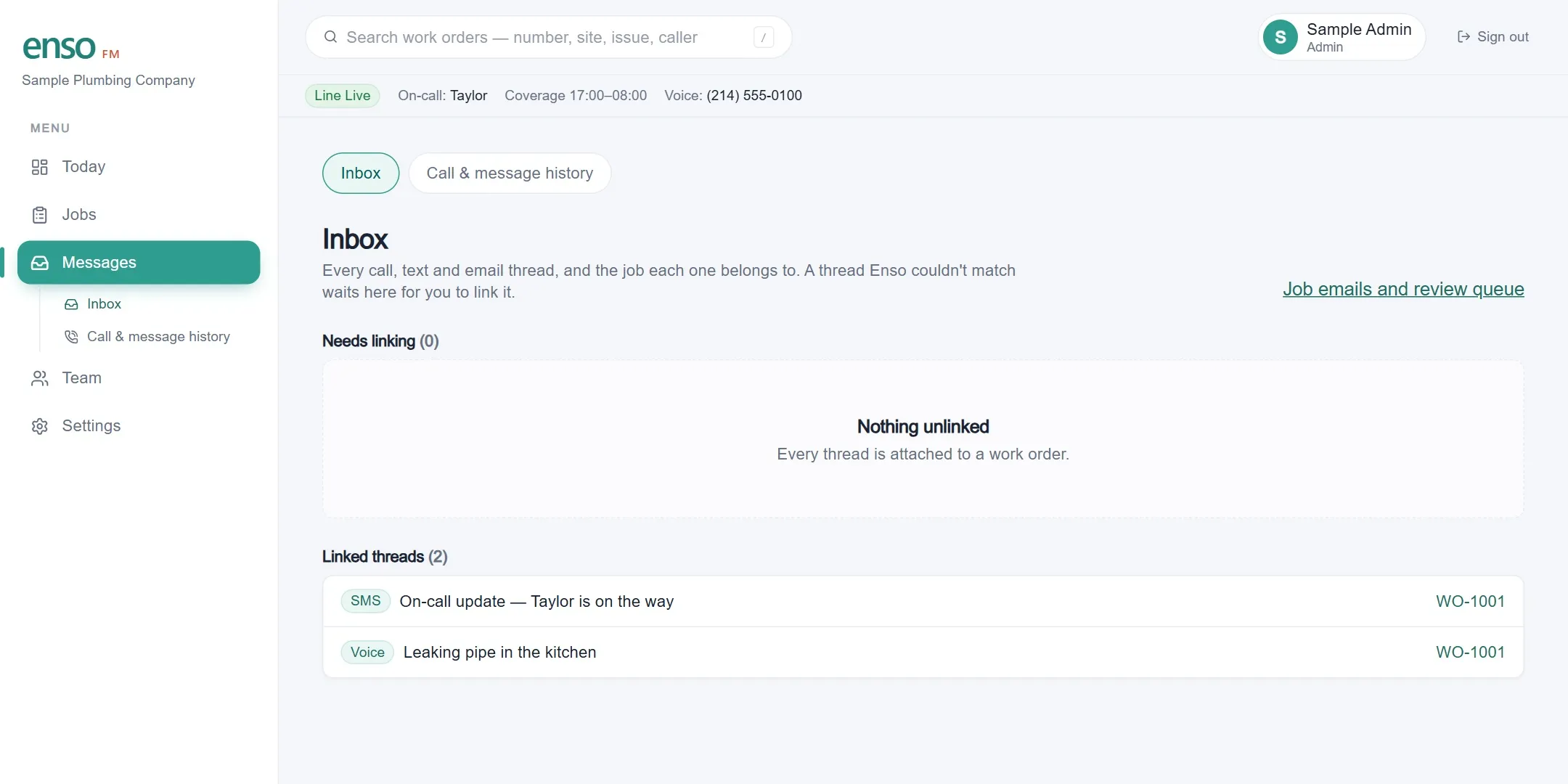 The Enso FM inbox: an SMS thread and a voice call, both linked to the same work order.